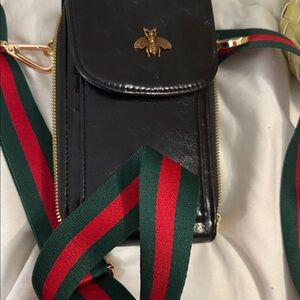 Black Leather Crossbody Bag with Gold Bee Accent